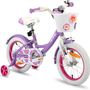 HILAND 12/14/16 Zoll Mädchenfahrrad, Kinderfahrrad mit Korb und Stützrädern, Fahrrad für Mädchen, Rosa/Lila/Weiß