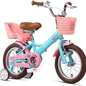 Glerc Sasha 14 Zoll Kleinkinderfahrrad für 3-, 4- und 5-jährige Mädchen im Retro-Vintage-Stil, Kinderfahrräder mit Puppenfahrradsitz & Stützrädern Blau