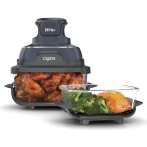 Ninja CRISPi tragbare Air fryer Heißluftfritteuse, 3,8 l, 4-in-1: Heißluftfrittieren, Braten, Warmhalten, Recrisp, kompakt, 6 Portionen, 2x herausnehmbare Glasbehälter & Deckel, 1700W, Grau FN101EUGY